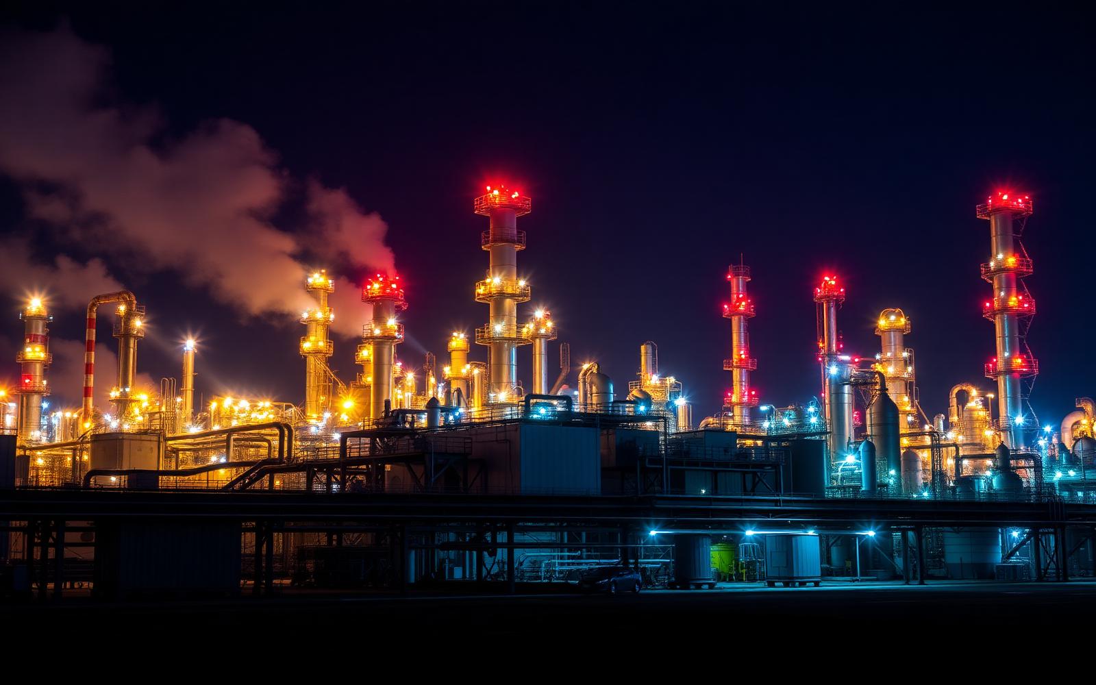 Refinaria industrial iluminada à noite